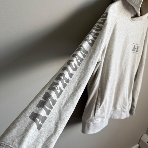 American Eagle AE Men's Long Sleeve Pullover Hoodie Cream Medium Spell-Out Arm - Picture 2 of 15